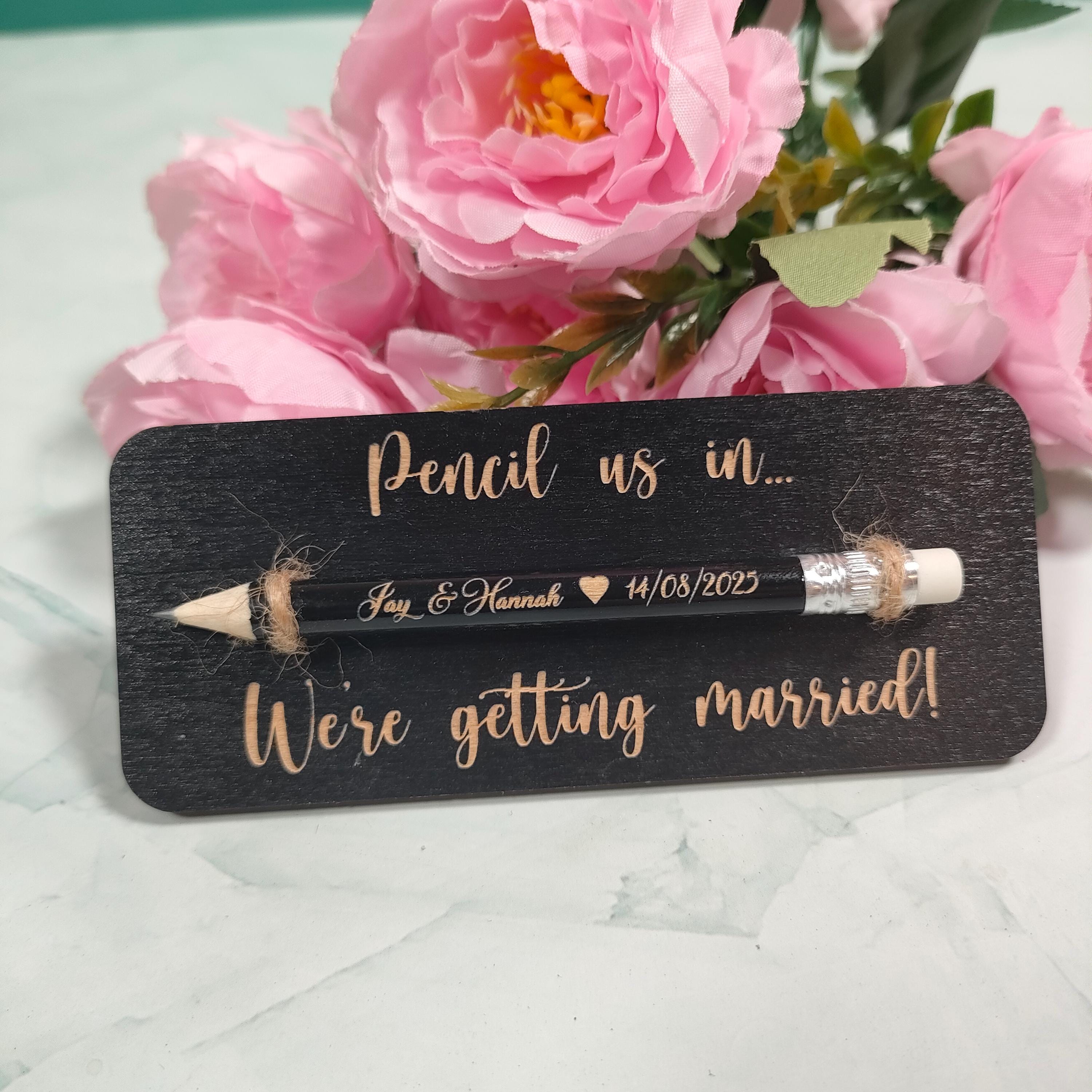 Pencil Save The Date Magnet: Custom Engraved Wood Tag, Wedding Favor