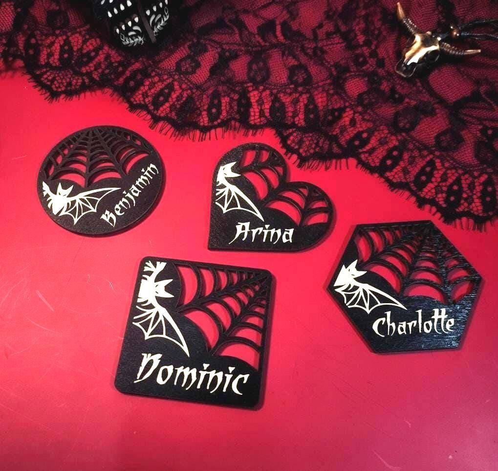 Gothic Wedding Place Cards: Laser Cut Bat & Spiderweb Plywood Name Tags
