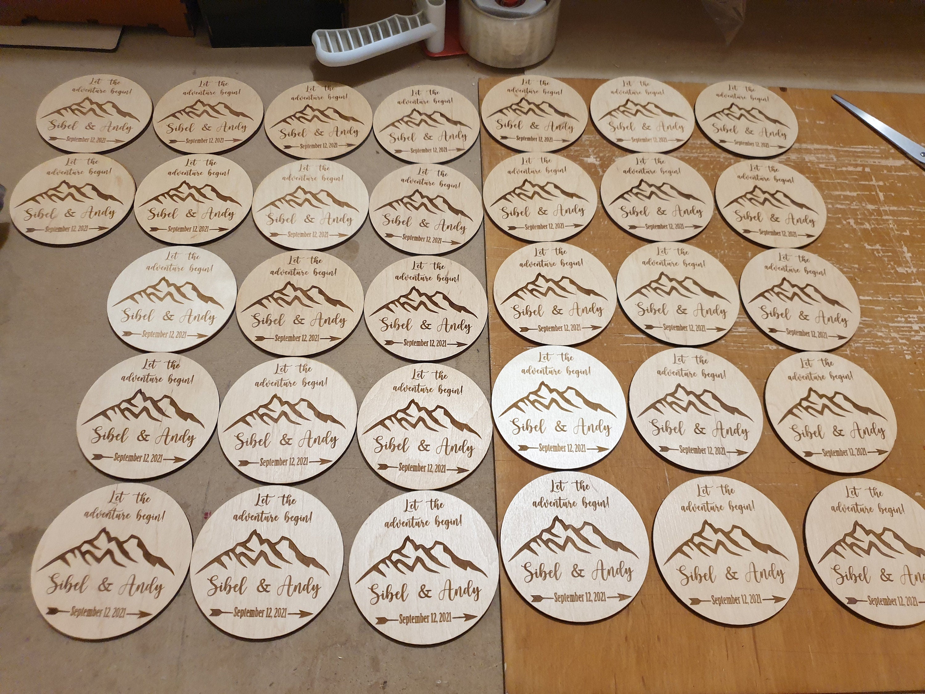 Mountain Wedding Favors: Personalized Wooden Coasters, Let Adventure Begin (95MM)