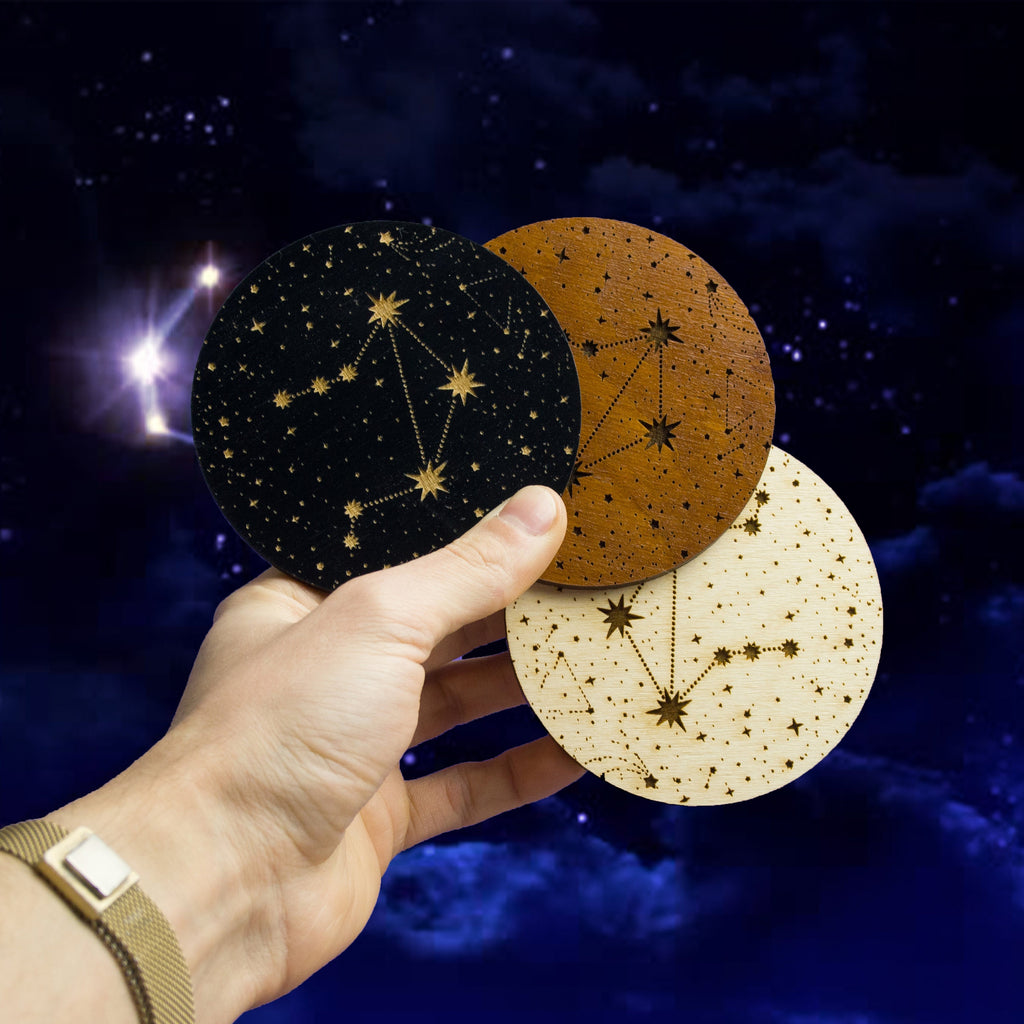 Zodiac Coasters: Engraved Celestial Wood Coaster Set