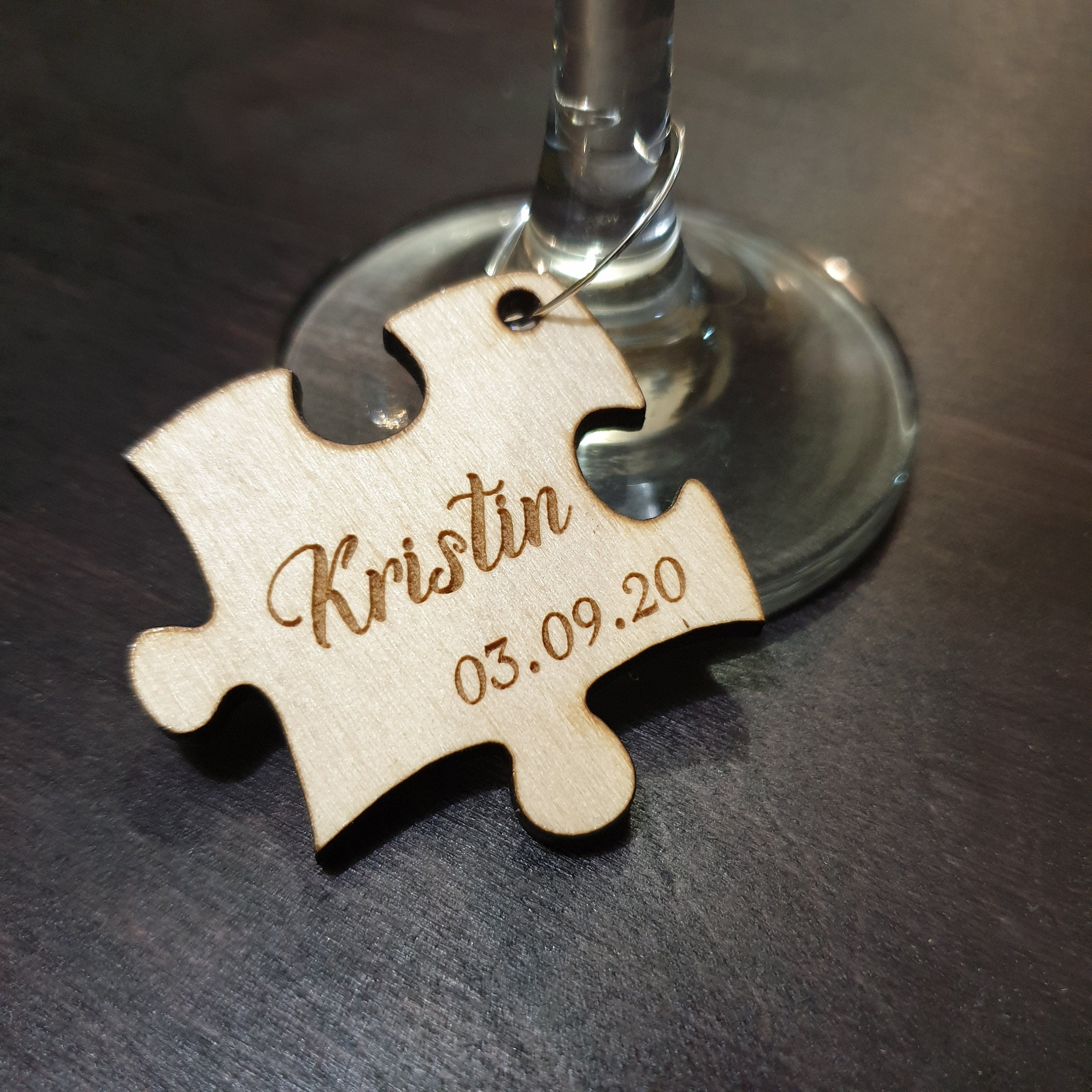 Personalized Puzzle Wine Charms: Engraved Plywood Wine Glass Tags