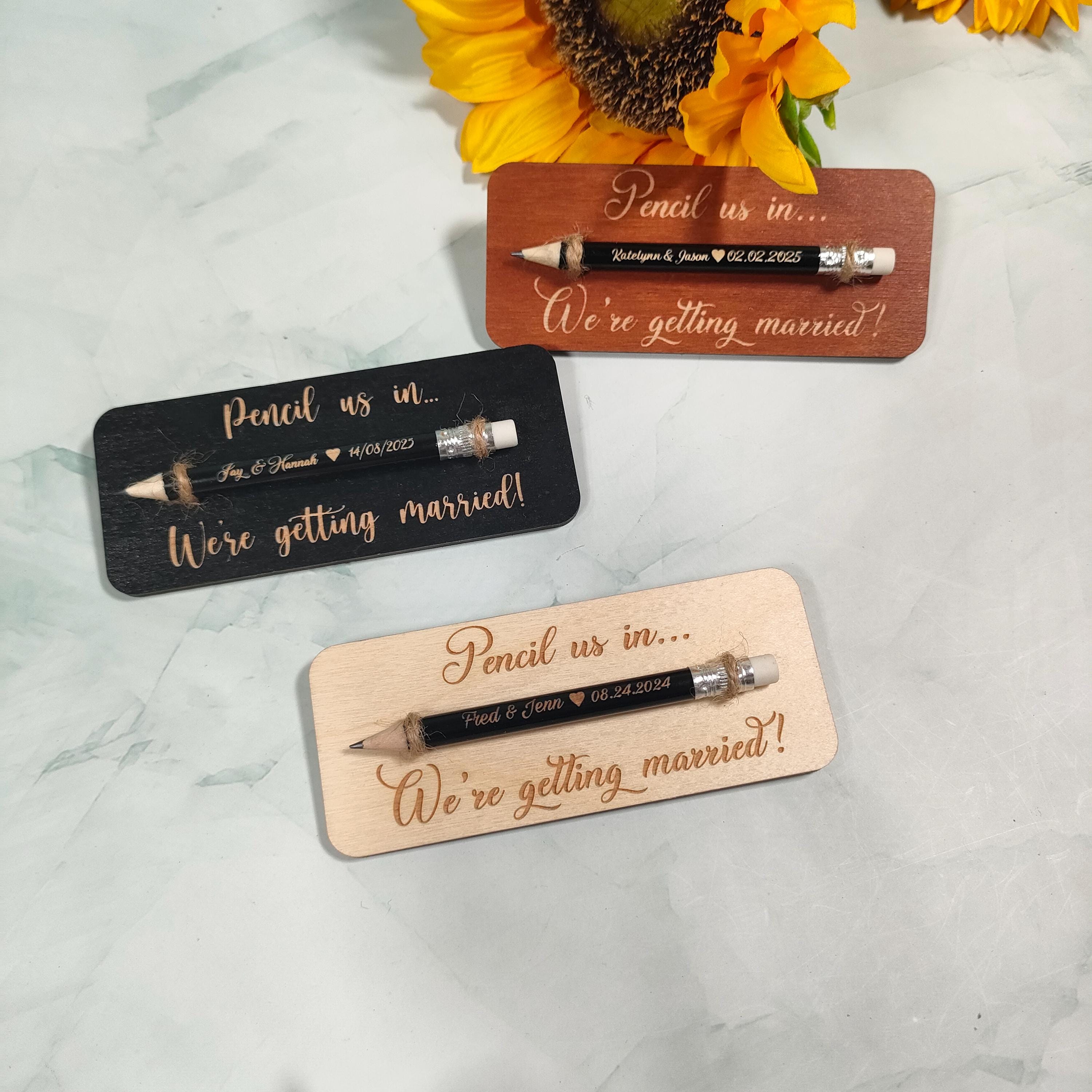 Pencil Save The Date Magnet: Custom Engraved Wood Tag, Wedding Favor