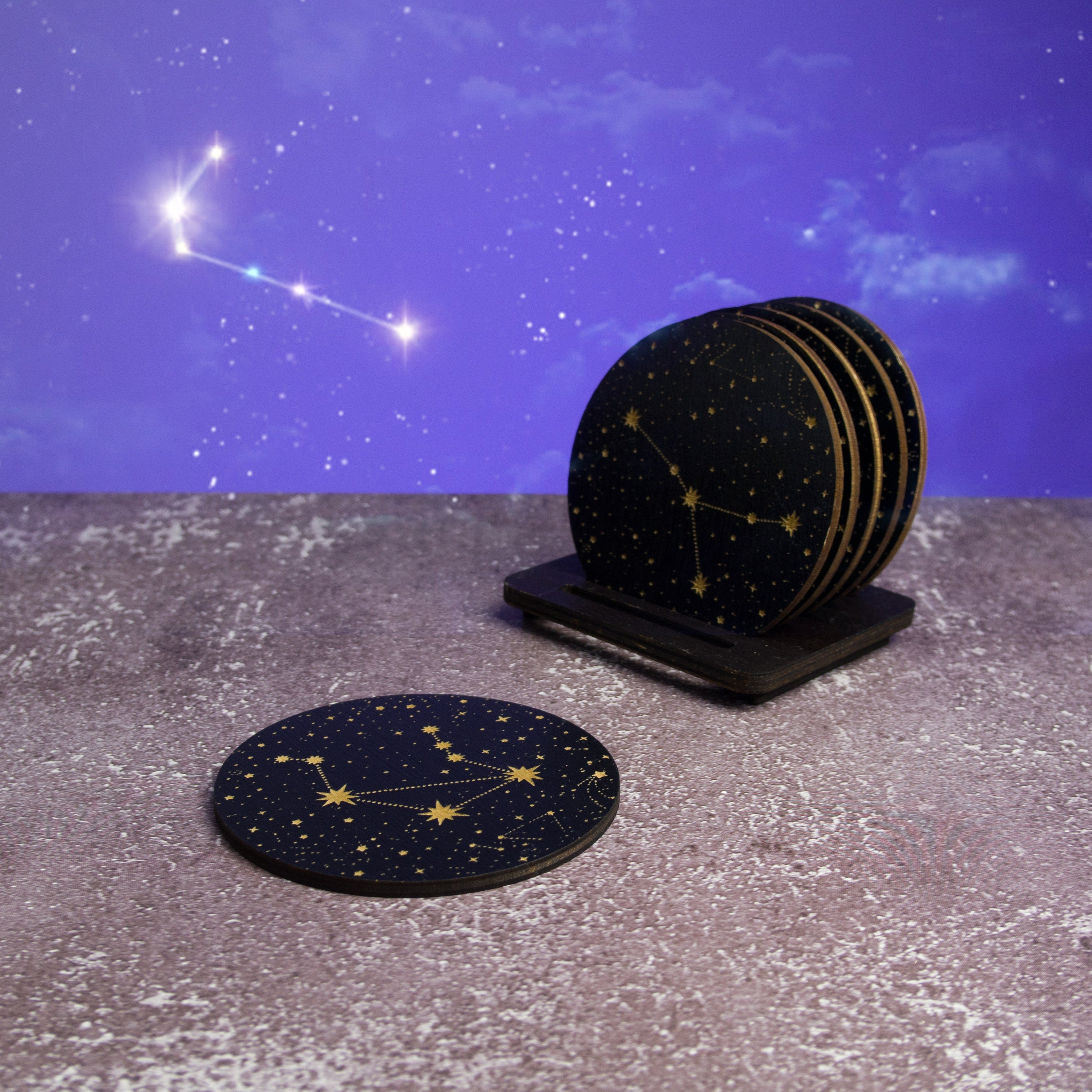 Zodiac Coasters: Engraved Celestial Wood Coaster Set