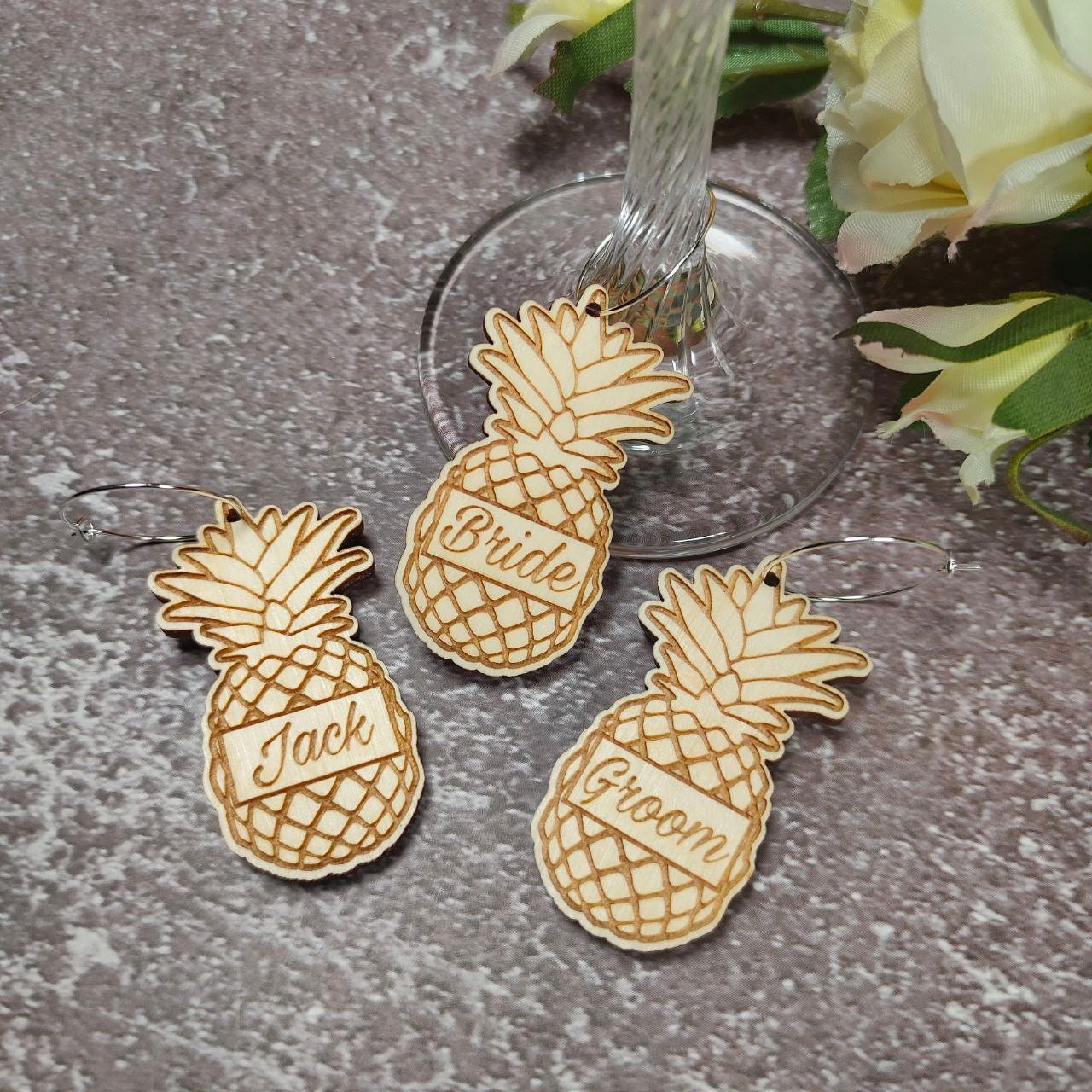 Personalized Pineapple Wine Charms: Engraved Hawaiian Wedding Favors