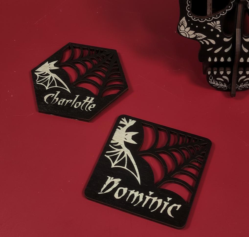 Gothic Wedding Place Cards: Laser Cut Bat & Spiderweb Plywood Name Tags