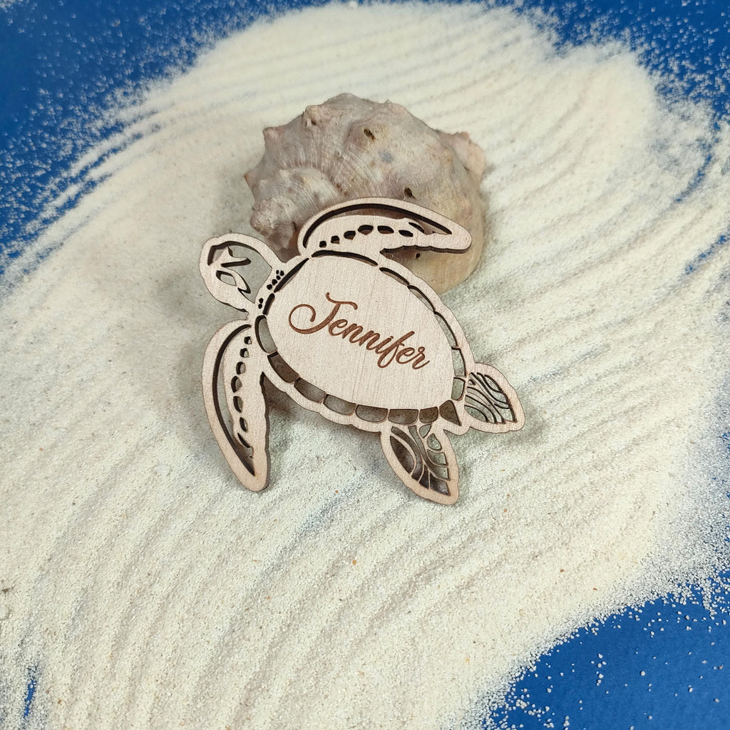 Turtle Wedding Place Cards: Engraved Wooden Beach Favors