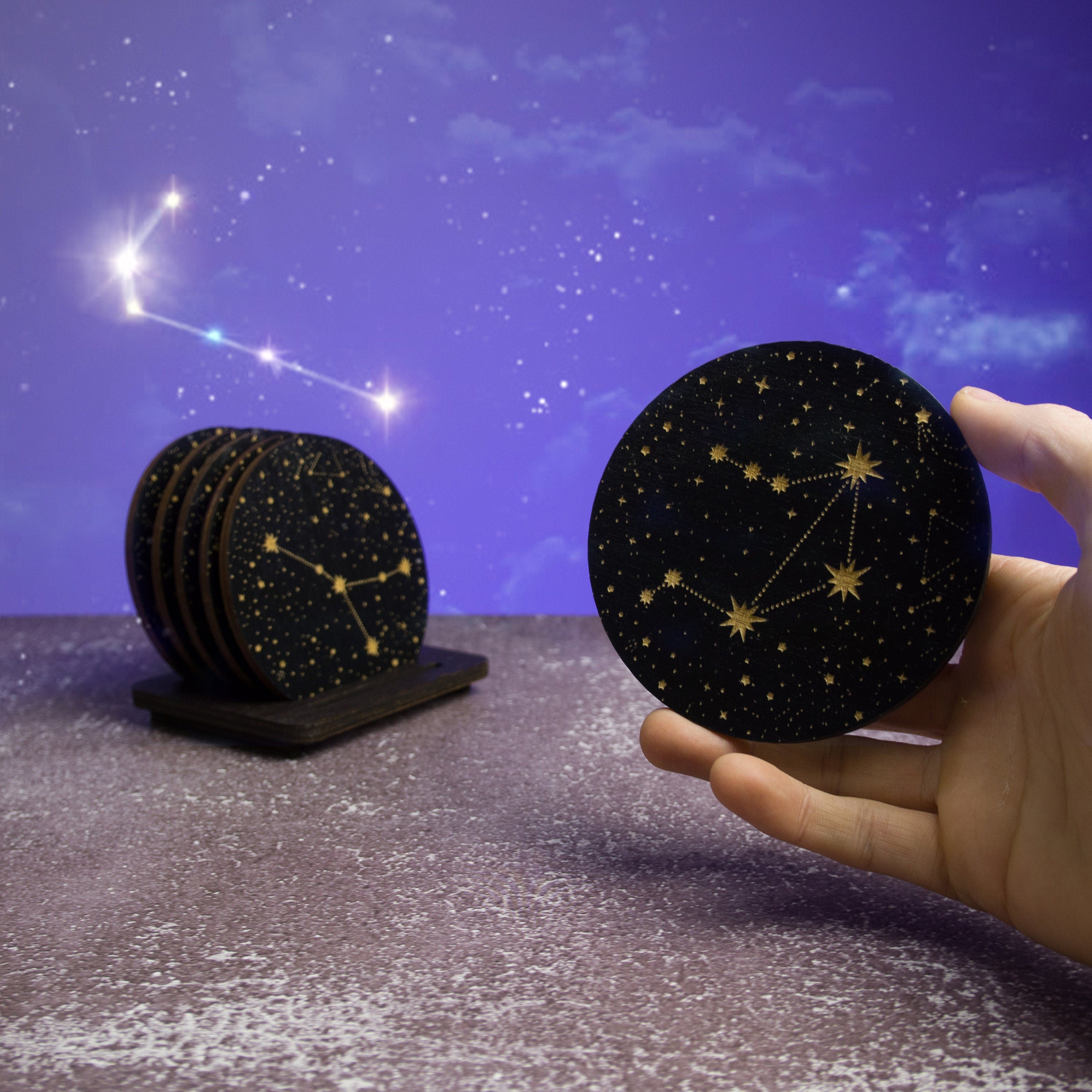 Zodiac Coasters: Engraved Celestial Wood Coaster Set
