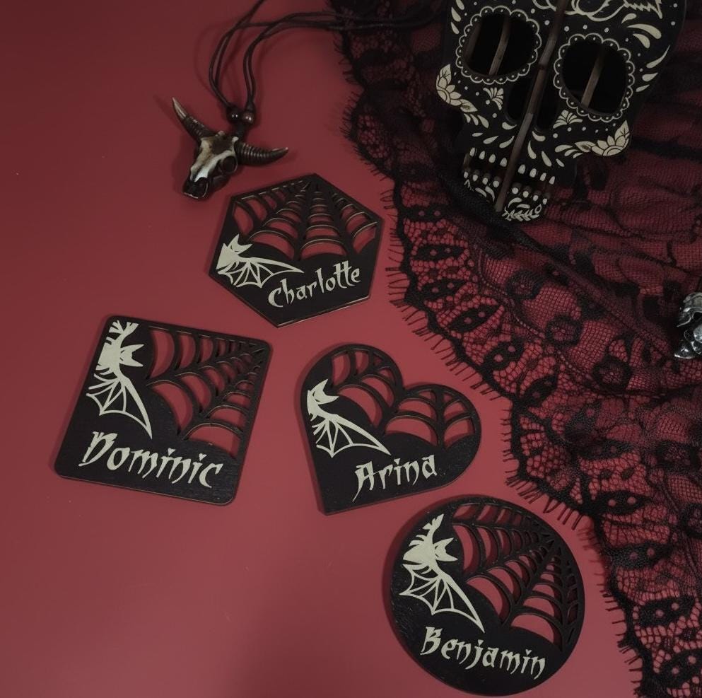 Gothic Wedding Place Cards: Laser Cut Bat & Spiderweb Plywood Name Tags