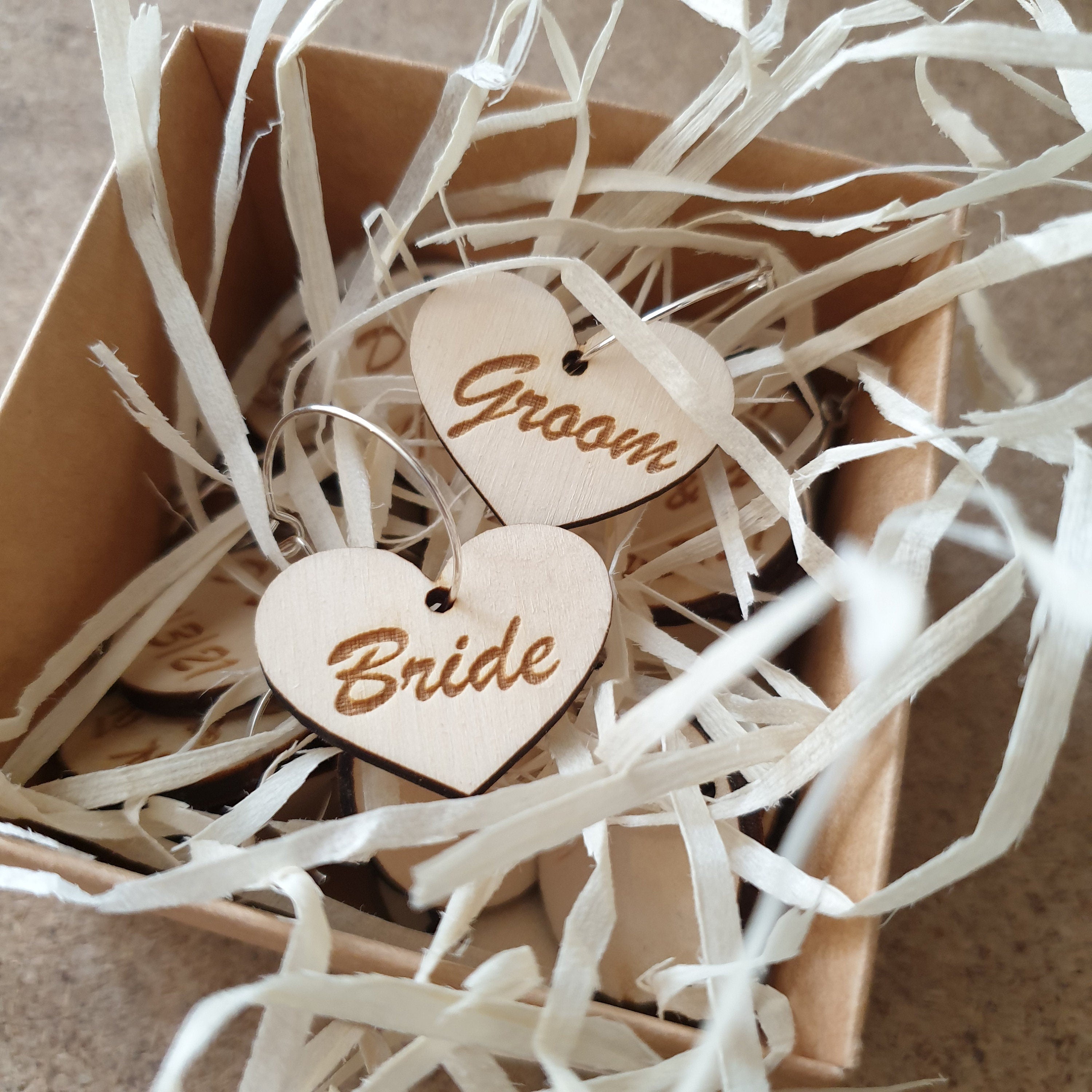 Personalized Heart Wine Charms: Engraved Plywood, Wedding Favors