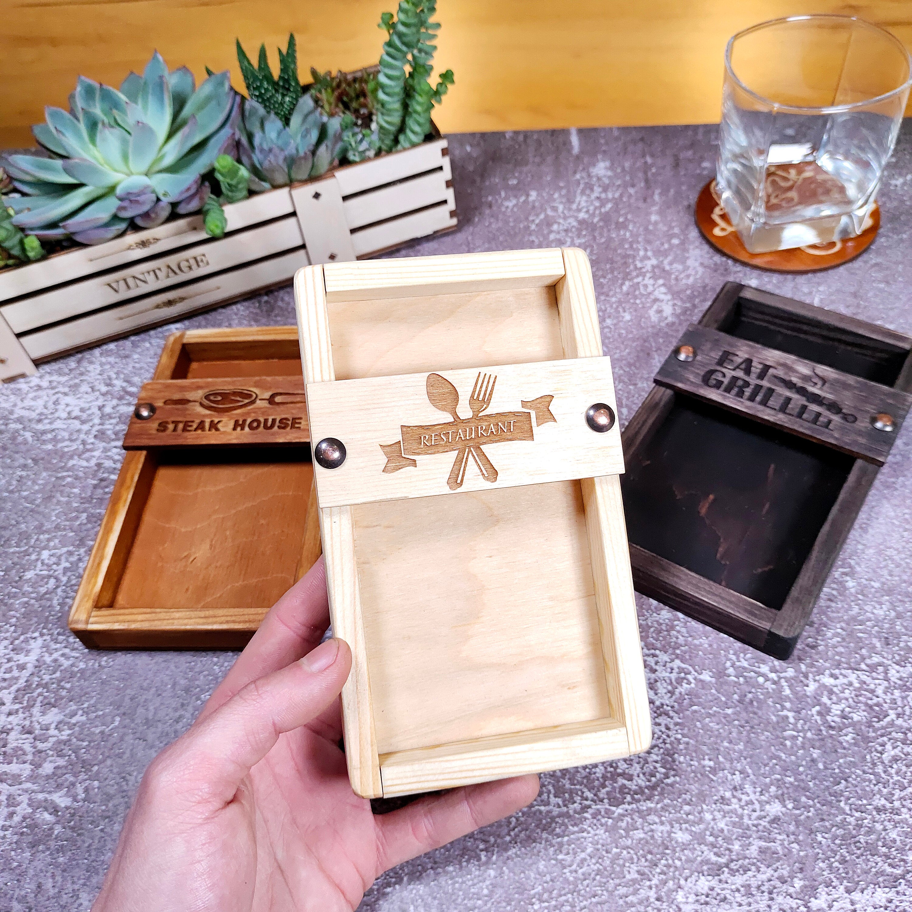 Custom Engraved Wooden Check Presenter: Restaurant Bill Holder