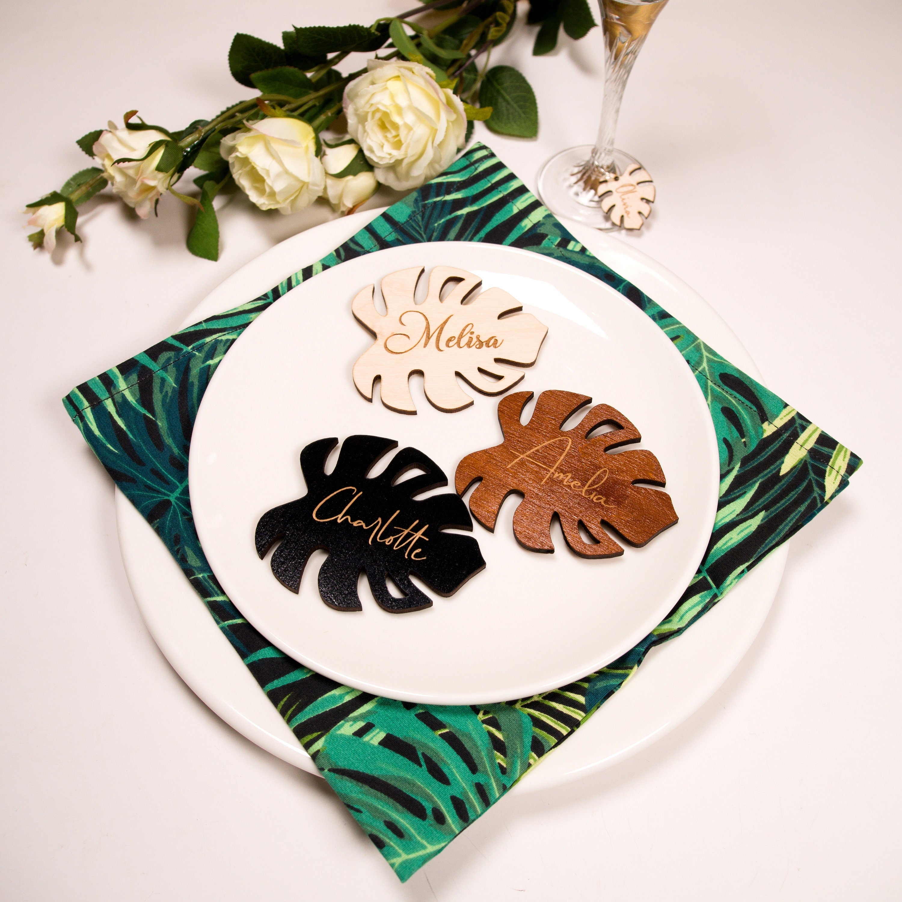 Monstera Wood Coasters: Custom Wedding Decor, Personalized Coasters