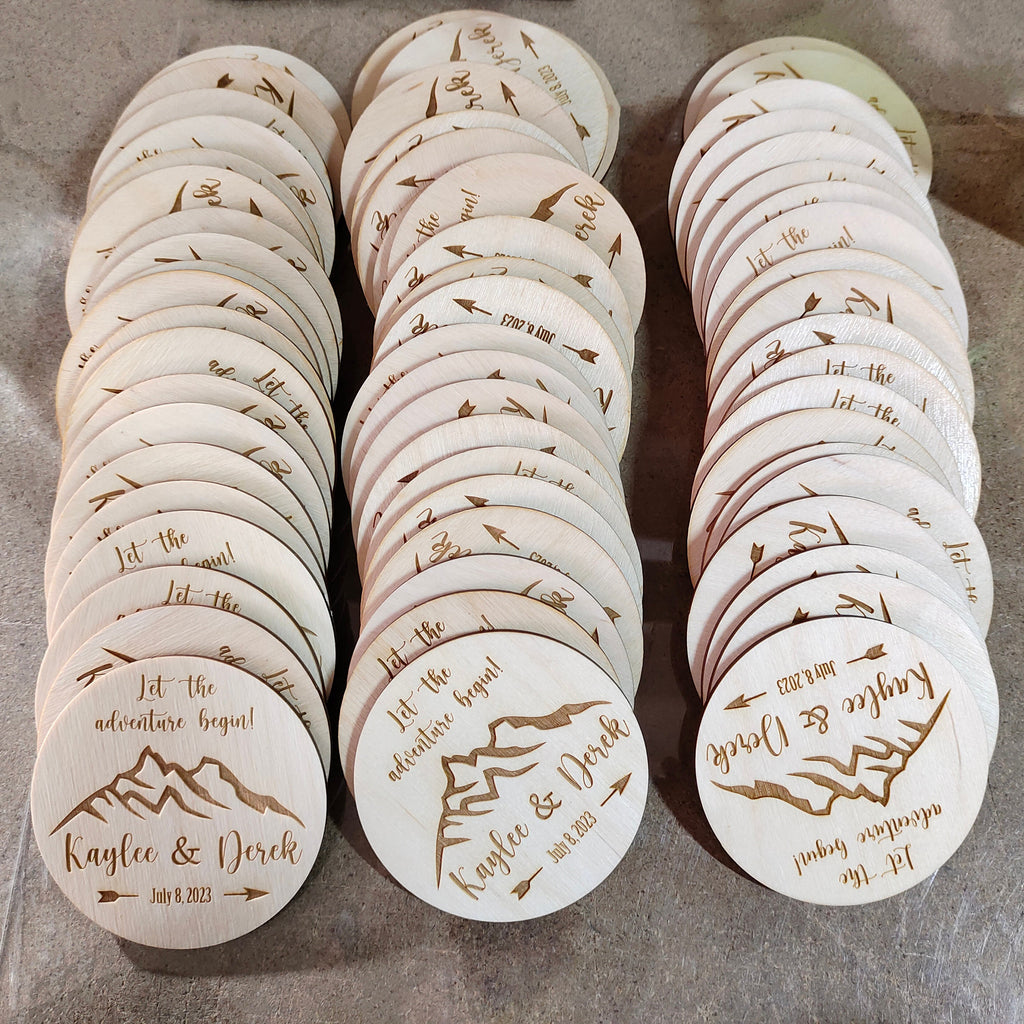 Mountain Wedding Favors: Personalized Wooden Coasters, Let Adventure Begin (95MM)