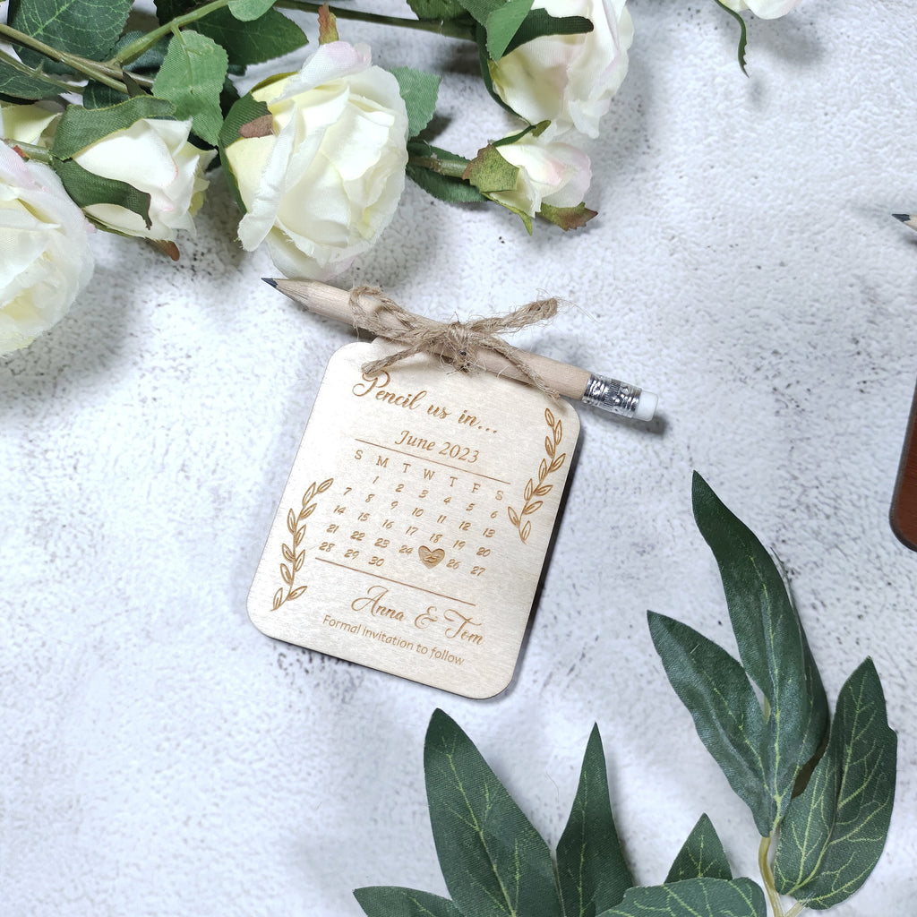 Pencil Us In Save The Date: Wood Wedding Invitation with Mini Pencil