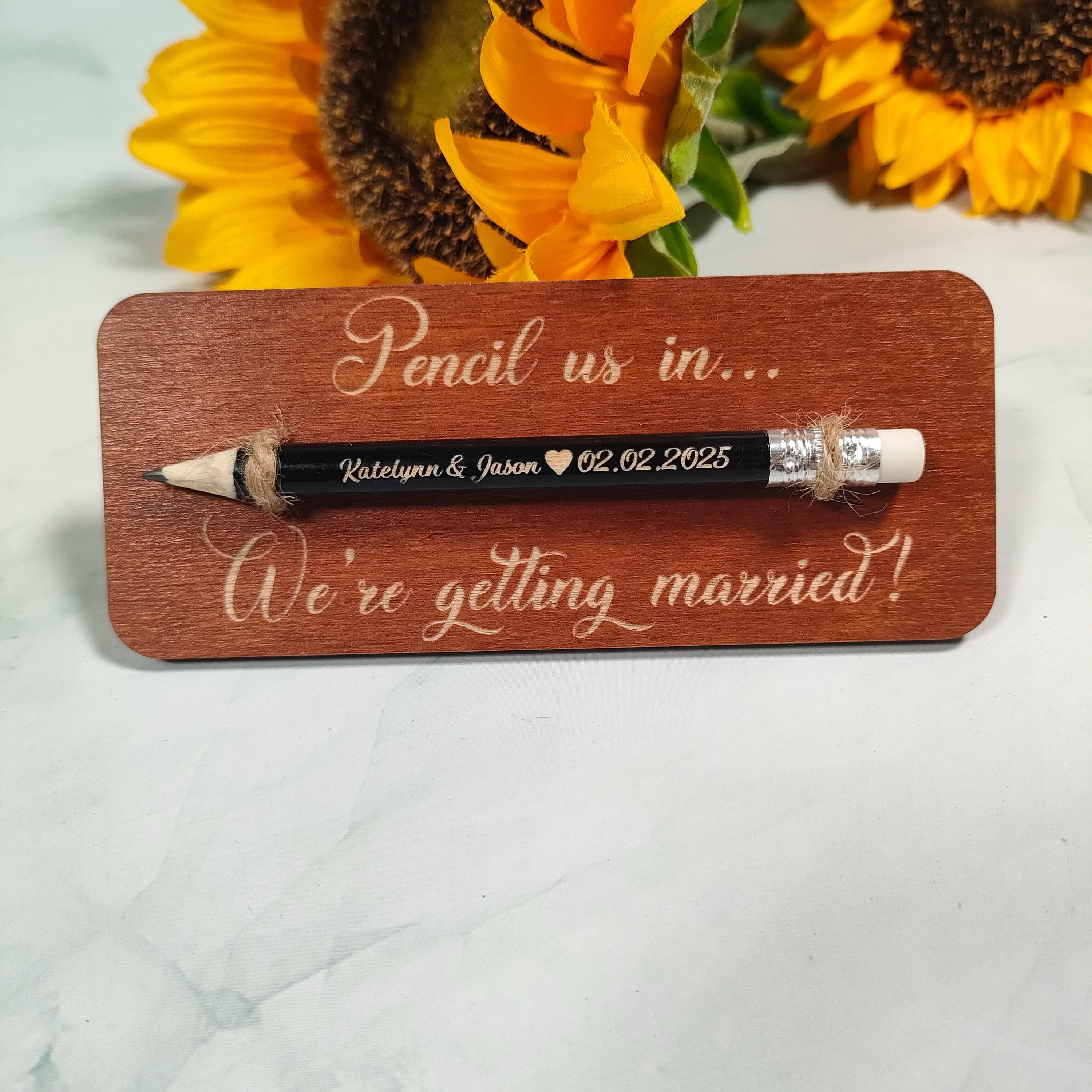Pencil Save The Date Magnet: Custom Engraved Wood Tag, Wedding Favor