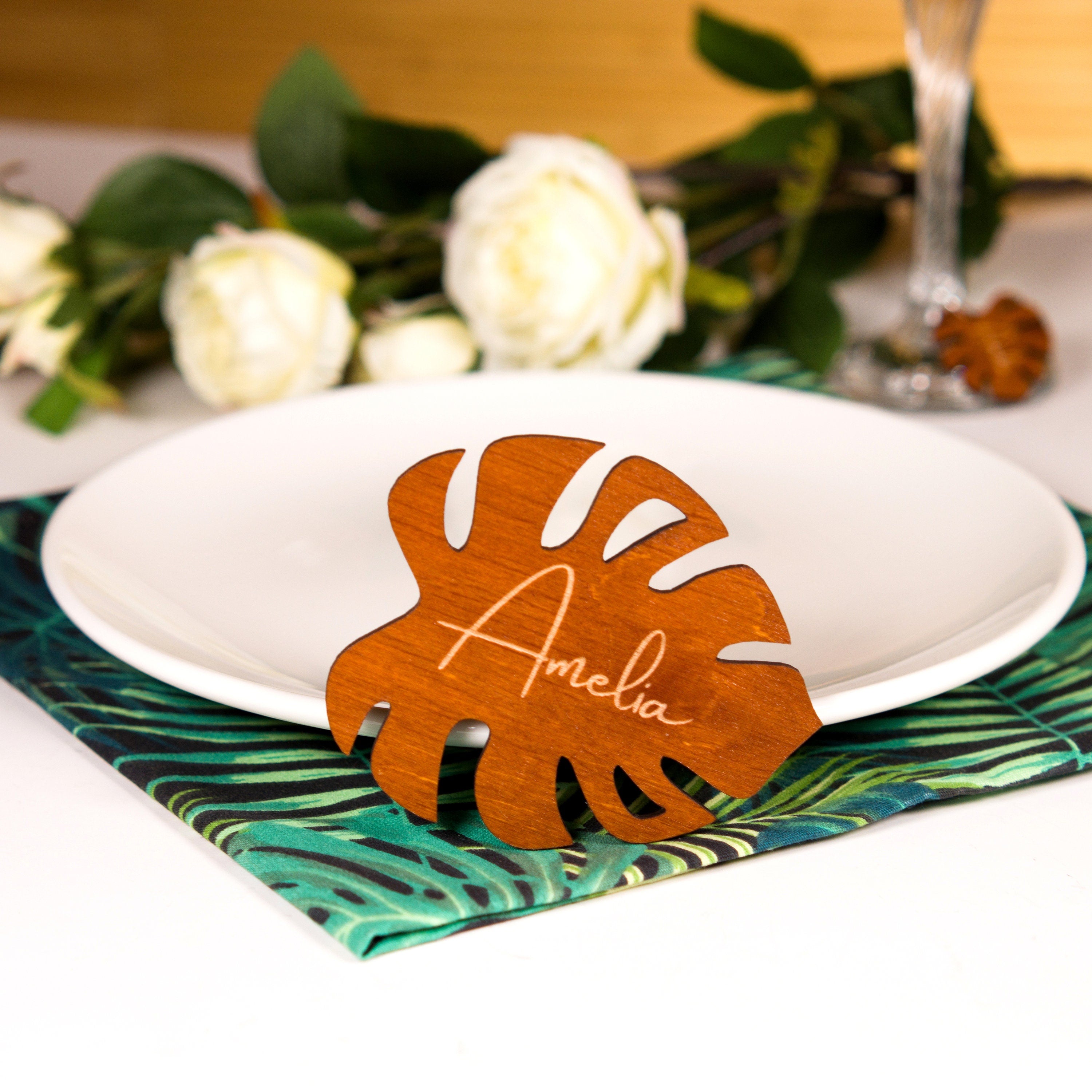 Monstera Wood Coasters: Custom Wedding Decor, Personalized Coasters