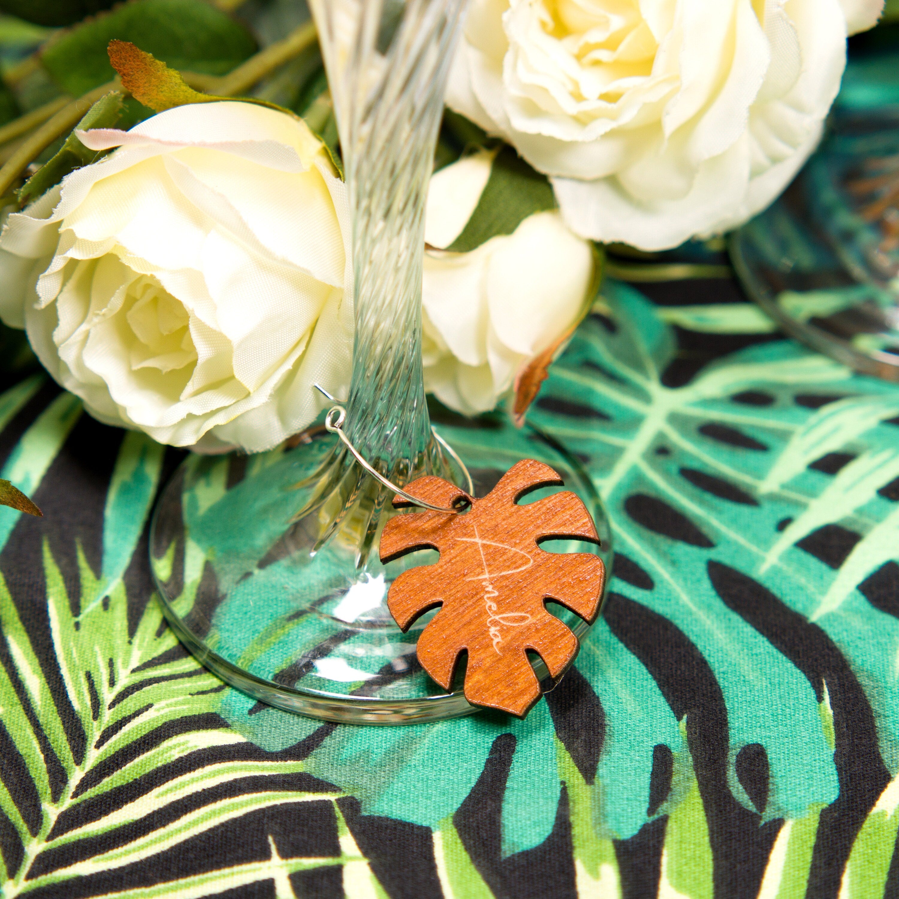 Personalized Monstera Leaf Wine Charms: Tropical Drink Markers