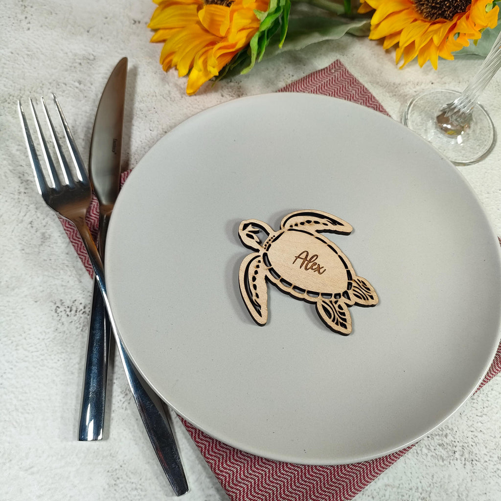 Turtle Wedding Place Cards: Engraved Wooden Beach Favors