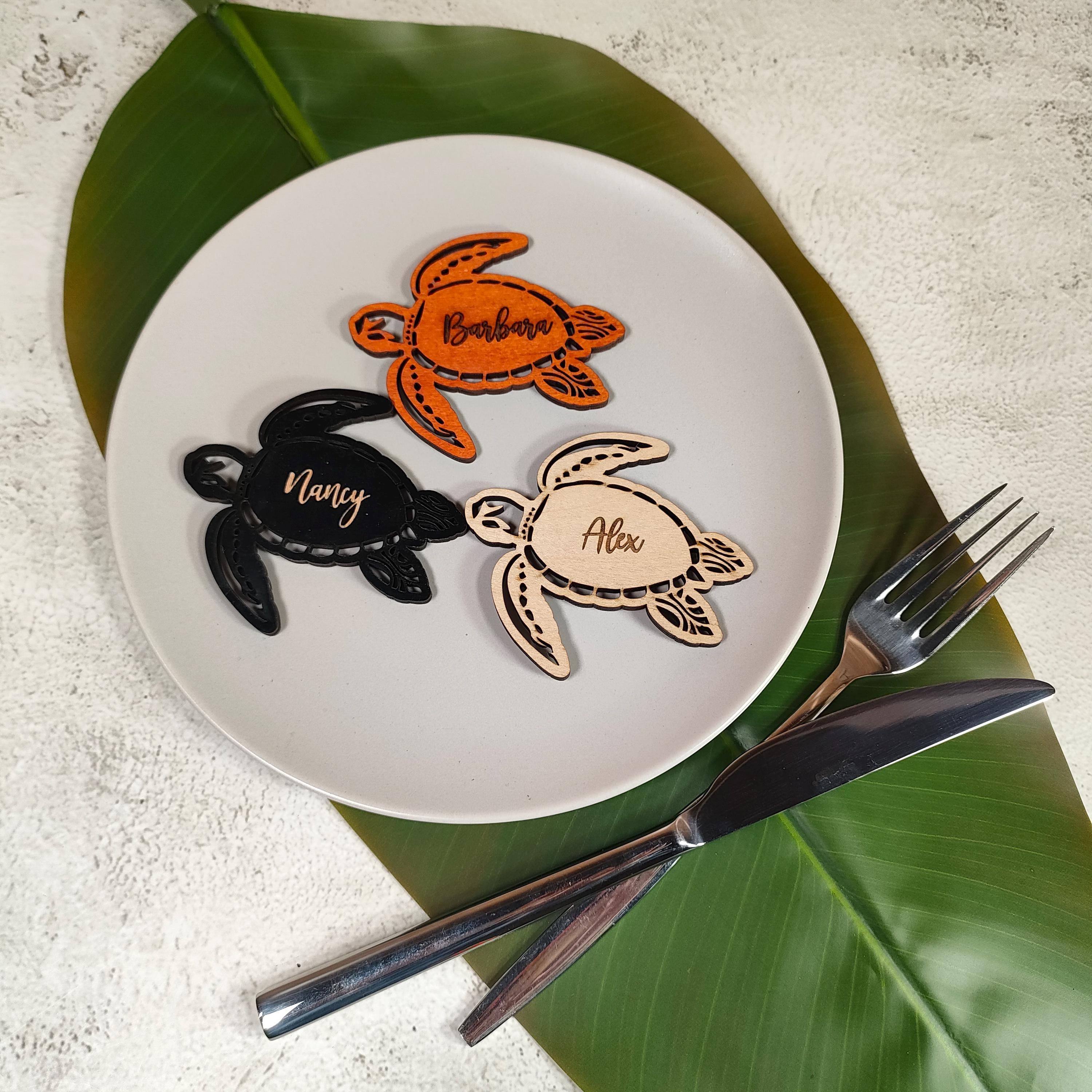 Turtle Wedding Place Cards: Engraved Wooden Beach Favors