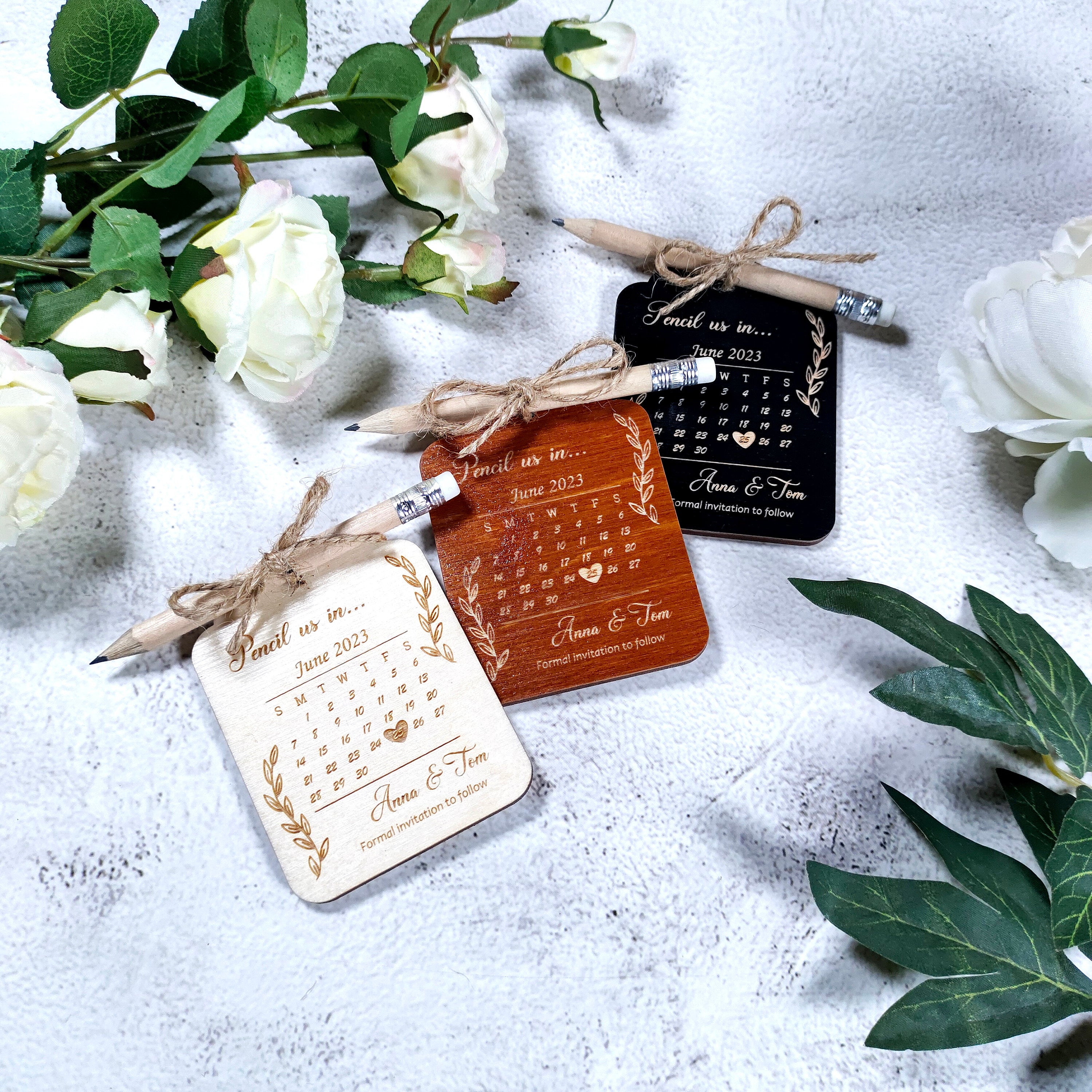 Pencil Us In Save The Date: Wood Wedding Invitation with Mini Pencil