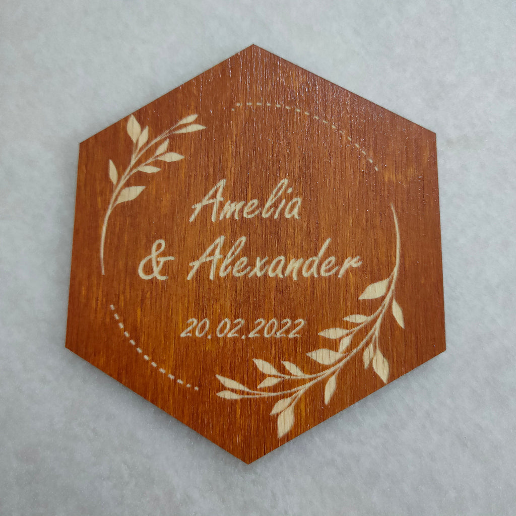 Custom Wedding Coasters: Engraved Wood, Save the Date Favors