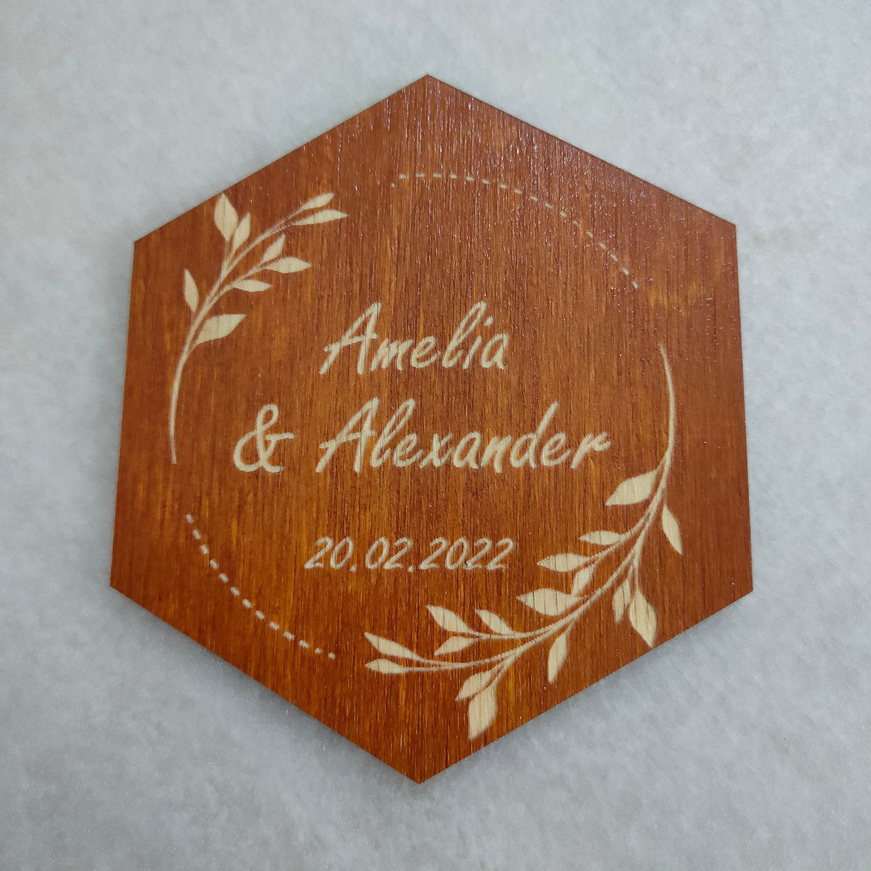 Custom Wedding Coasters: Engraved Wood, Save the Date Favors