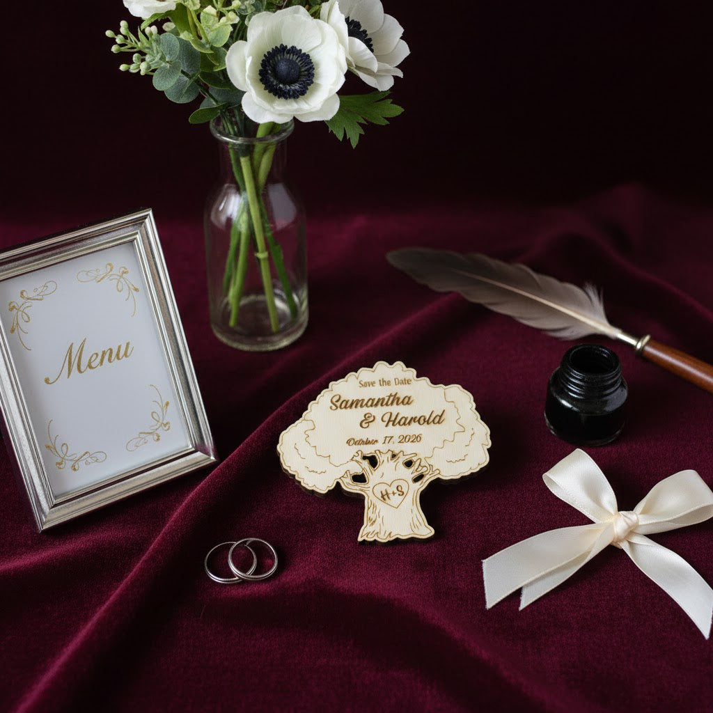 Personalized Oak Tree Wedding Favors — Custom Engraved Wooden Guest Keepsakes