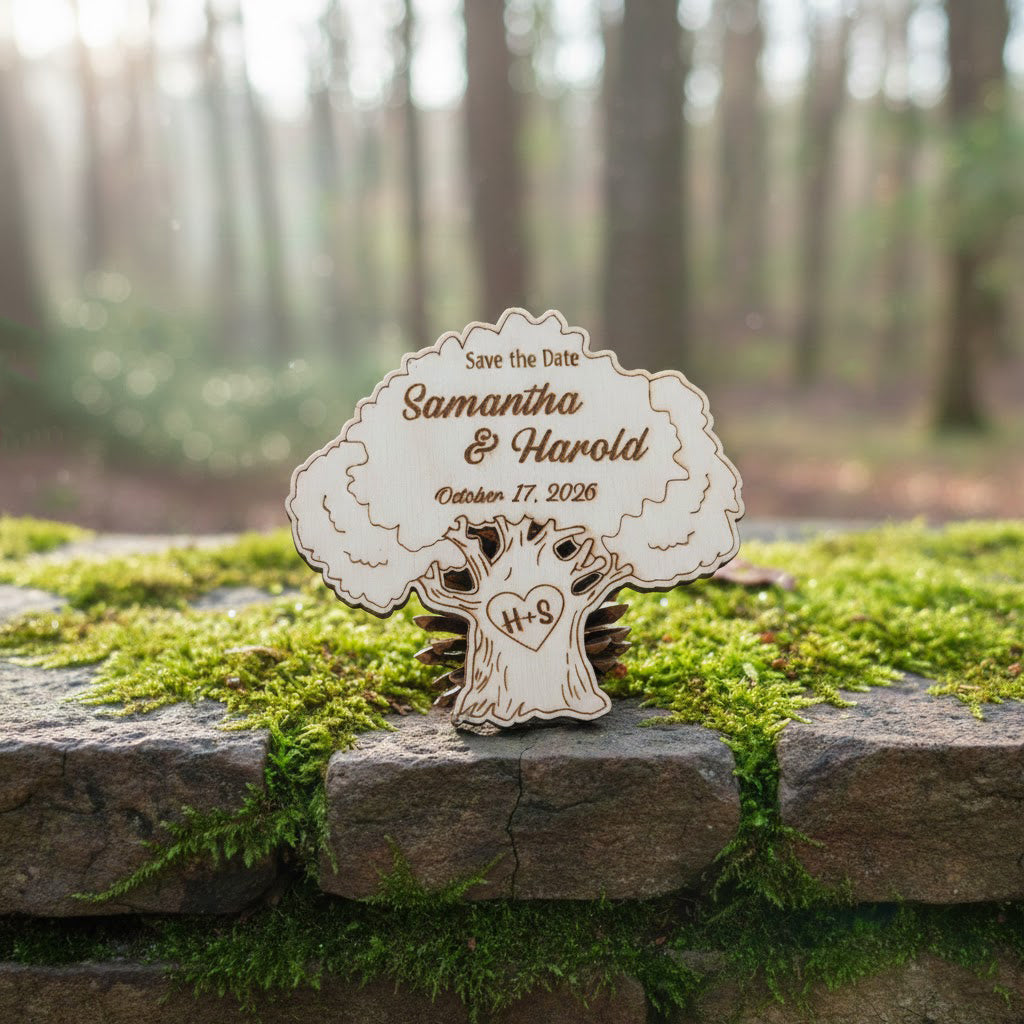 Personalized Oak Tree Wedding Favors — Custom Engraved Wooden Guest Keepsakes