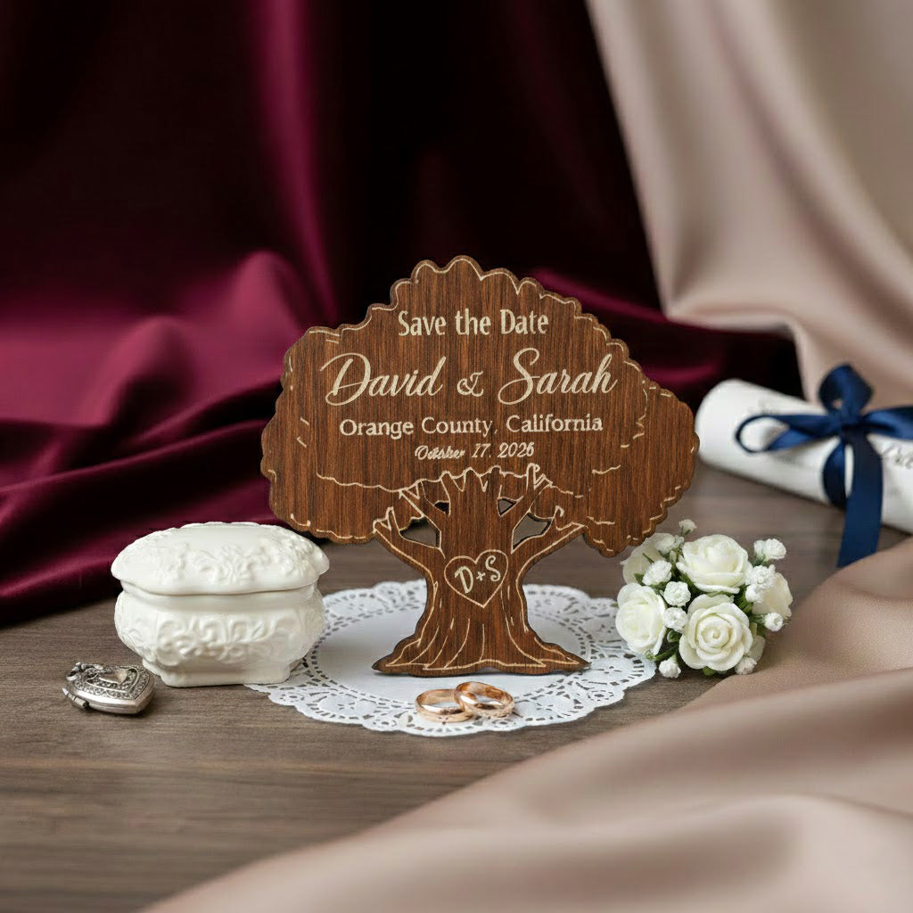 Personalized Oak Tree Wedding Favors — Custom Engraved Wooden Guest Keepsakes