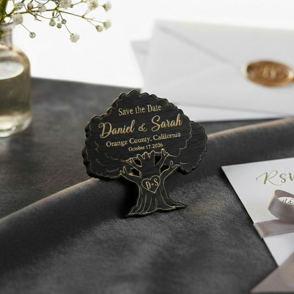 Personalized Oak Tree Wedding Favors — Custom Engraved Wooden Guest Keepsakes